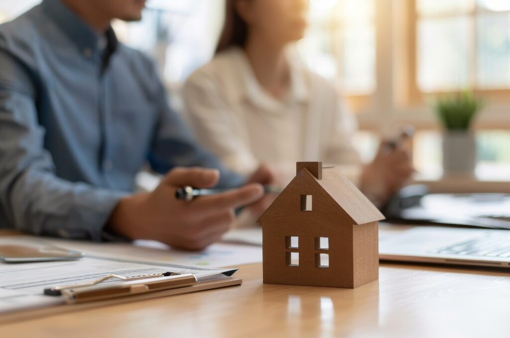 Ein Paar, das ein Haus kauft, bespricht mit einem Immobilienmakler die Hypothekenoptionen, minimalistische Büroeinrichtung und weiches, natürliches Licht, Entscheidungsprozess beim Kauf eines Hauses über eine Hypothek