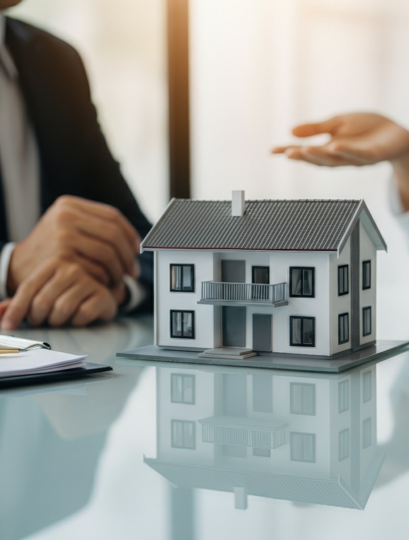 Immobilienmakler bei der Besprechung von Immobiliendetails mit einem Musterhaus