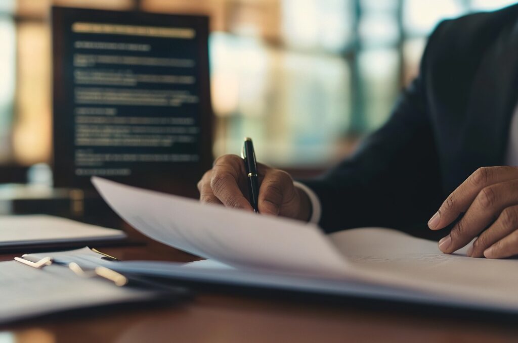 Dedicated Banker Intensely Reviewing Financial Documents, Amidst Blurred Legal References and Digital Regulations. Financial Compliance and Legal Awareness in Banking Sector