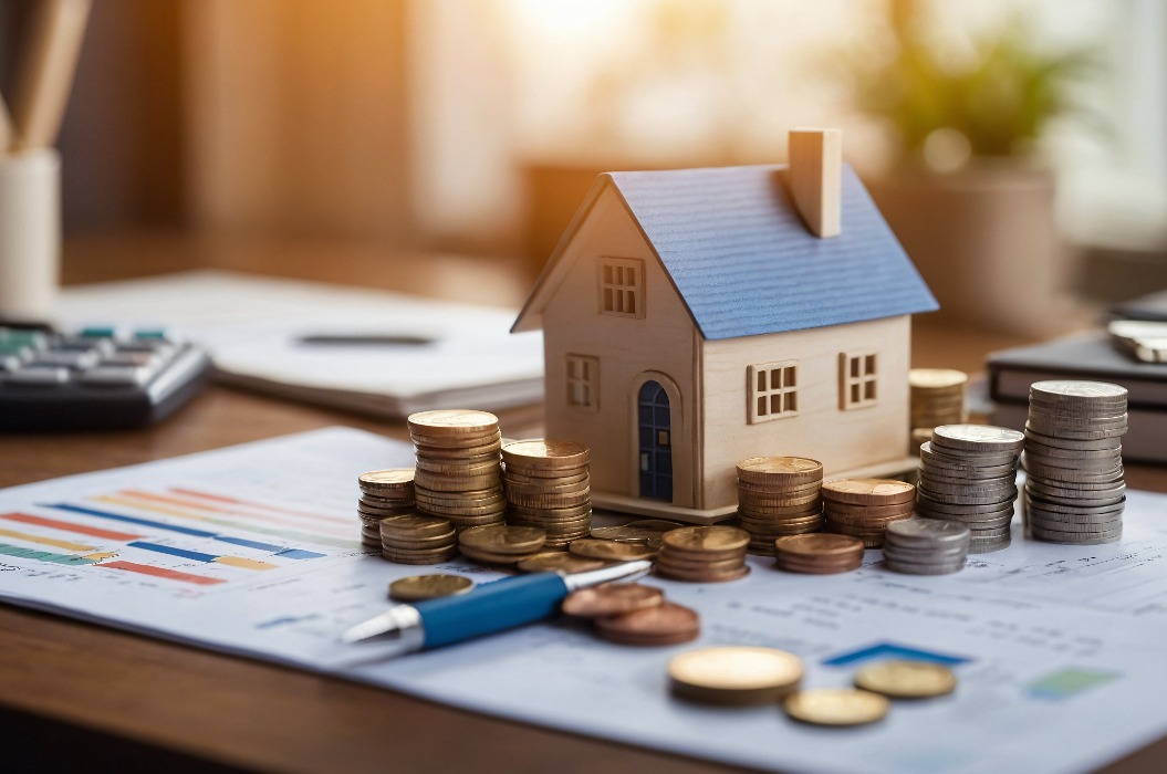 House Model with Coins and a Pen on a Graph