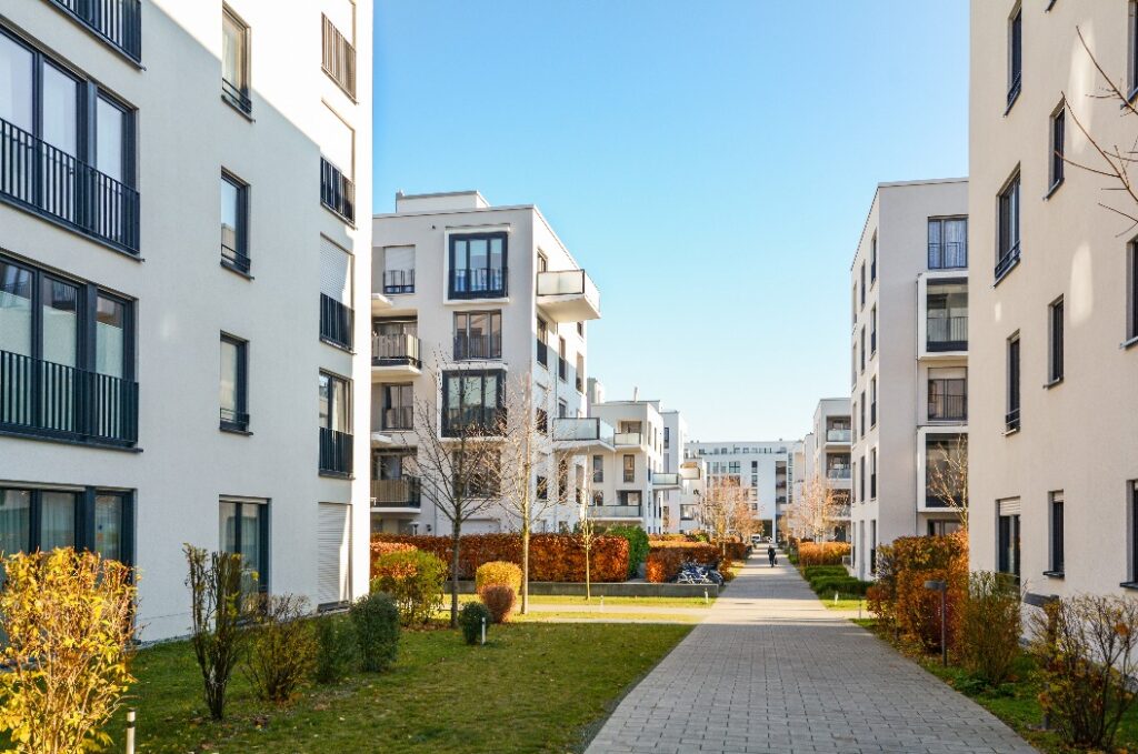 Modern apartment buildings in a green residential area in the city