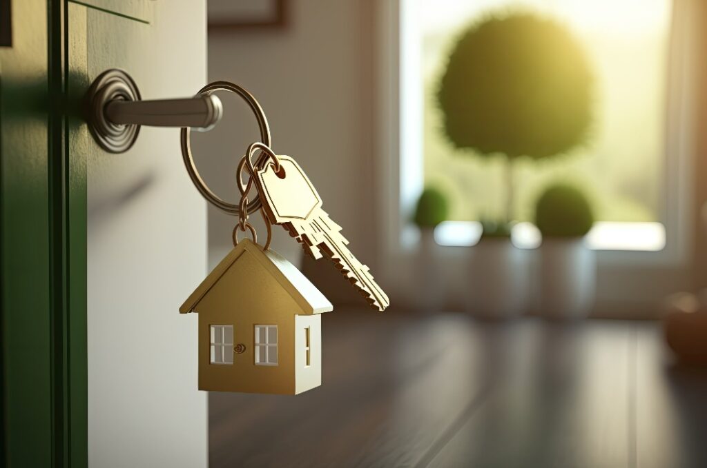 Opening door with golden house key chain on fuzzy interior background and mockup for your advertisement. Homebuying idea. Generative AI