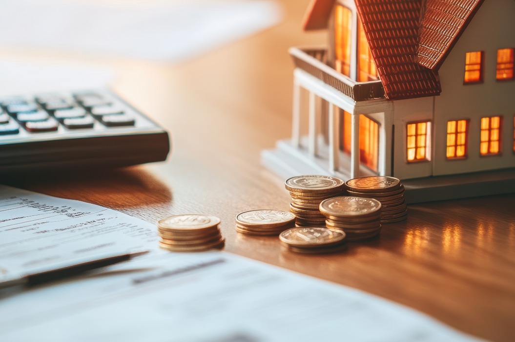 Real estate investment concept with miniature house, calculator, and coins on paperwork, symbolizing financial planning, mortgage analysis, and property value growth.