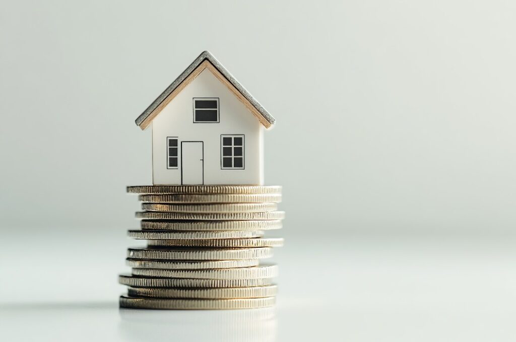 Small house model sitting on a stack of coins, symbolizing real estate investment and property value growth