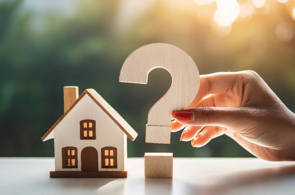 woman's hand holds 3D question mark beside wooden house, symbolizing real estate inquiries